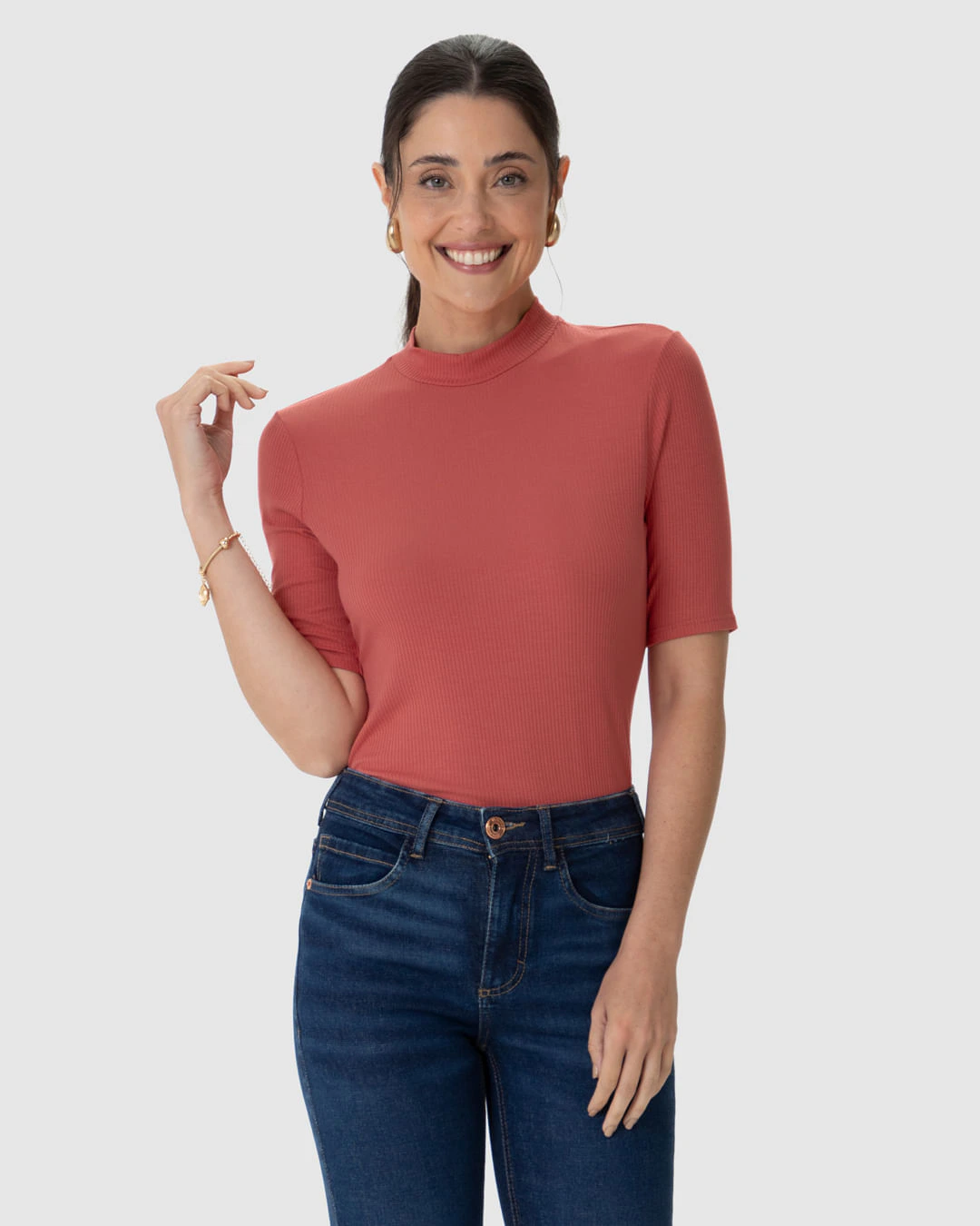Blusa Básica Feminina Gola Alta Em Canelado De Viscose
