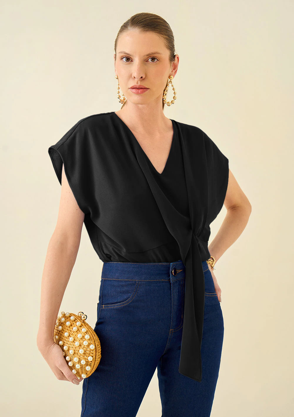 Blusa Maria.Valentina Decote V Cavada Amarração Frente Preto