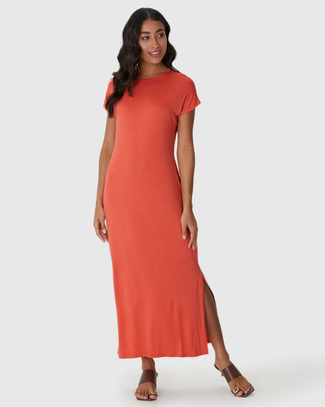 Vestido Midi Feminino Fenda Lateral Em Malha Viscolinho Stretch
