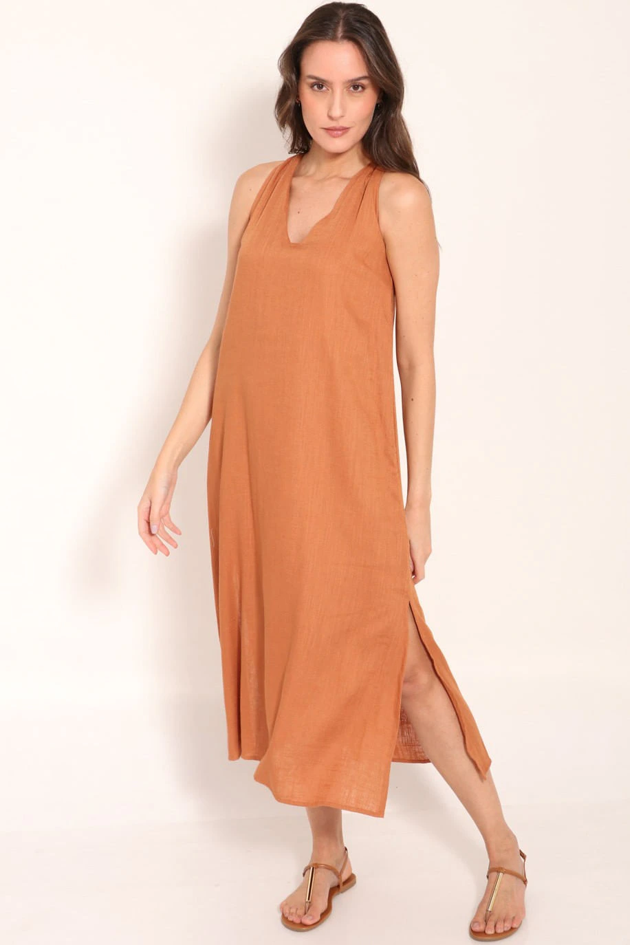 Vestido Regata Linho Wash Midi Com Amarração Nas Costas
