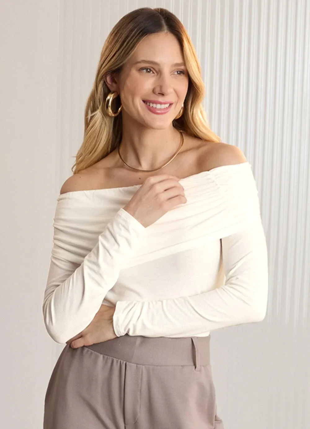 Lunender - Blusa de Mangas Longas com Sobreposição Off White