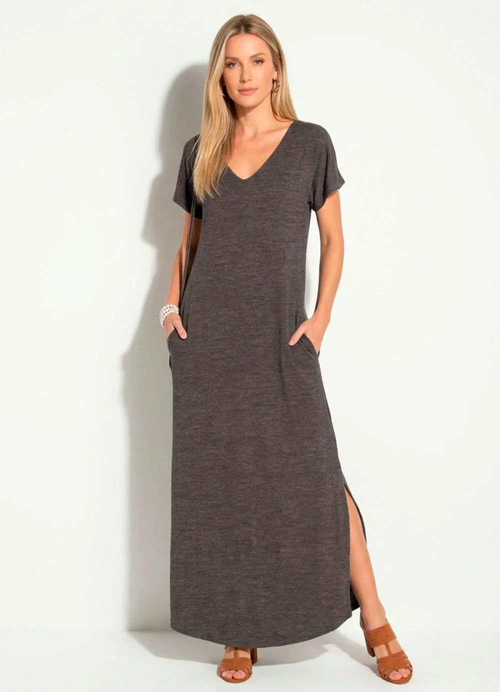 Quintess - Vestido Longo Soltinho com Fenda Mescla Chumbo