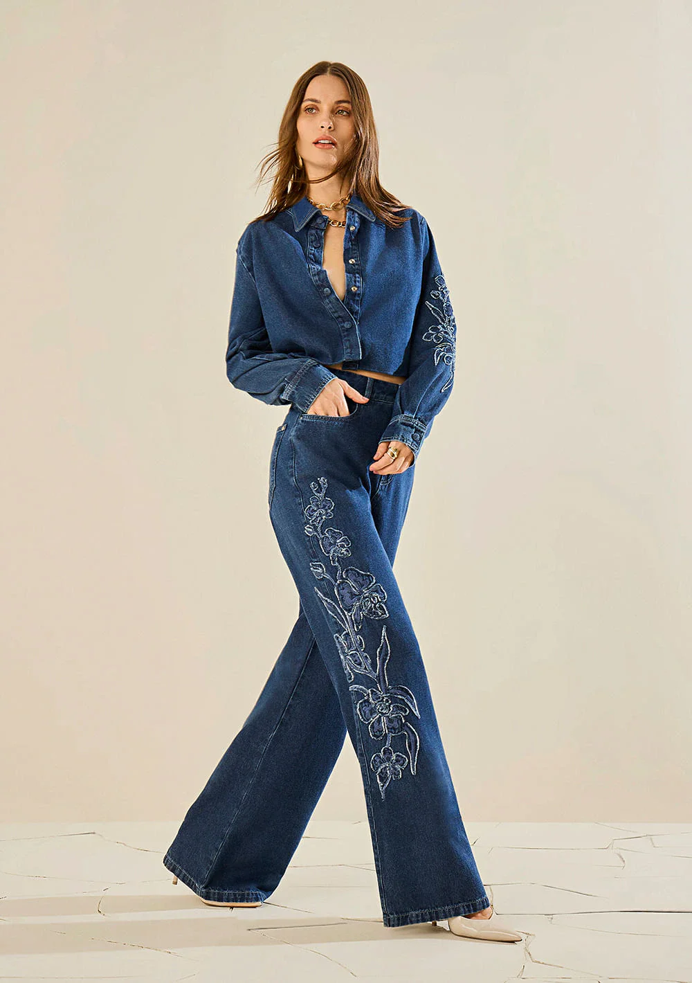 Conjunto Morena Rosa Camisa Manga Longa Calça Wide Cintura Média Azul