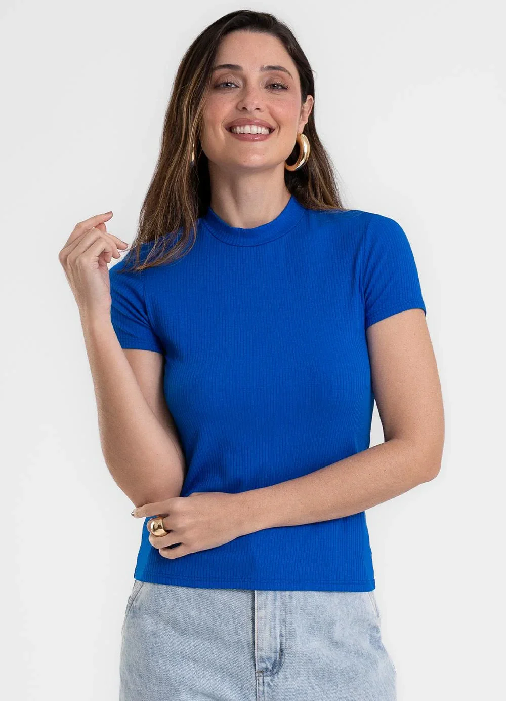 Rovitex - Blusa Feminina Justa em Ribana de Viscose Azul