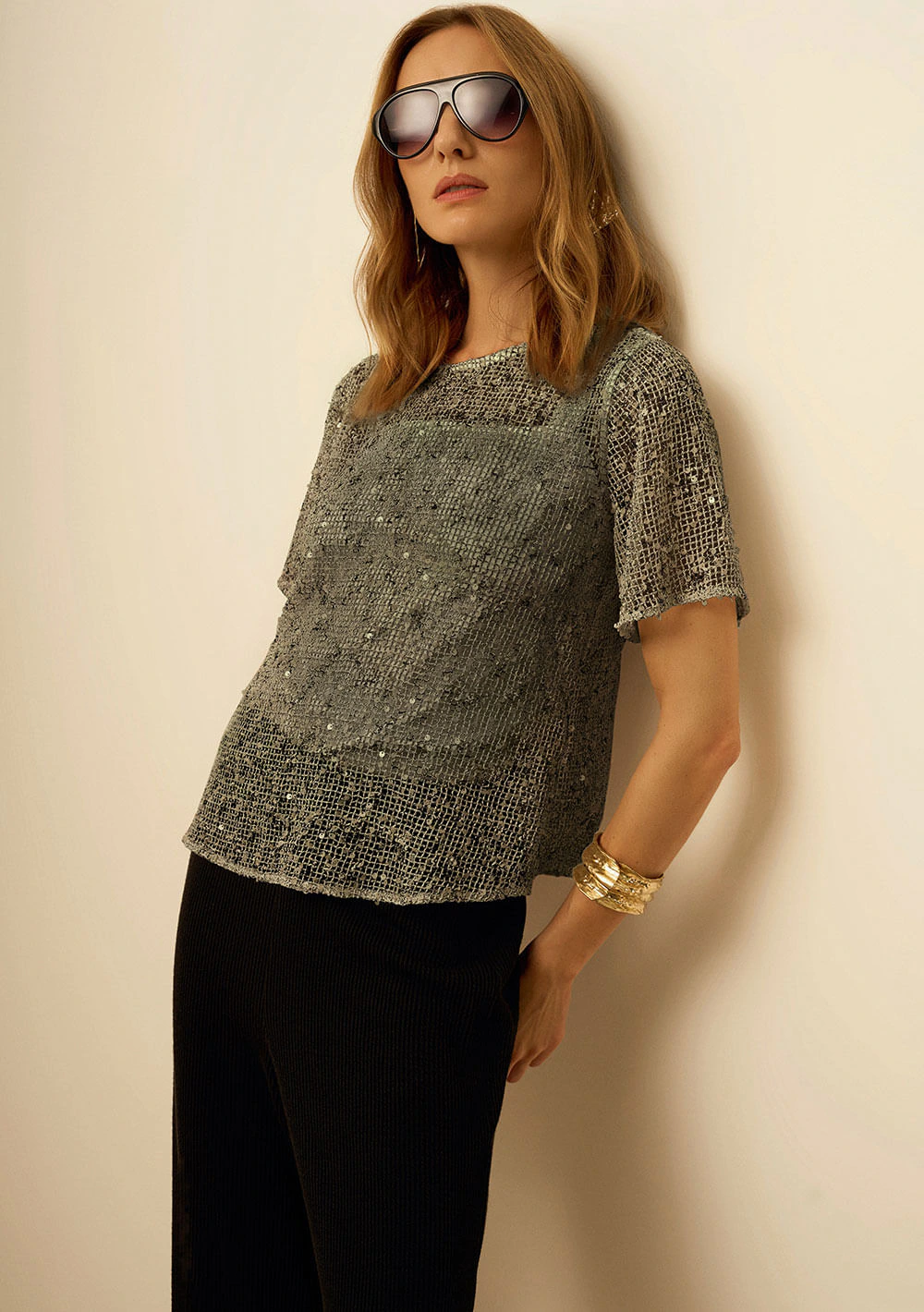 Blusa Maria.Valentina Solta Decote Careca Manga Curta Padrão Verde