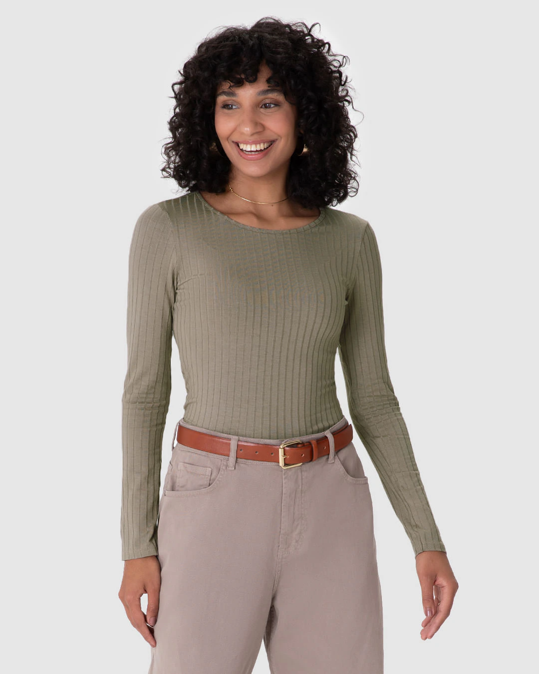 Blusa Básica Feminina Manga Longa Em Malha Canelada De Viscose
