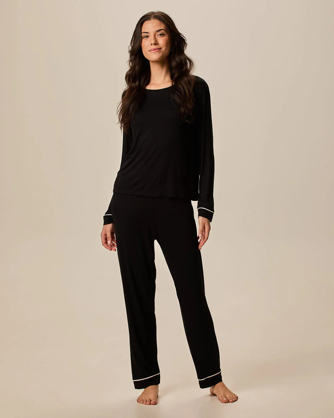 Pijama Longo Feminino Detalhe Costura Contraste Calça Reta Em Viscose Stretch