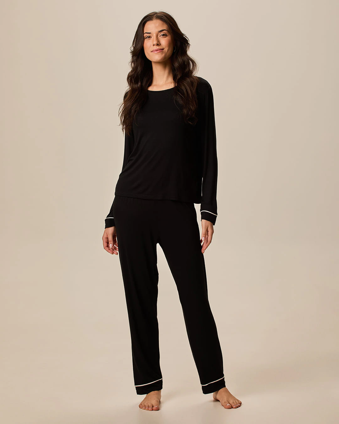 Pijama Longo Feminino Detalhe Costura Contraste Calça Reta Em Viscose Stretch
