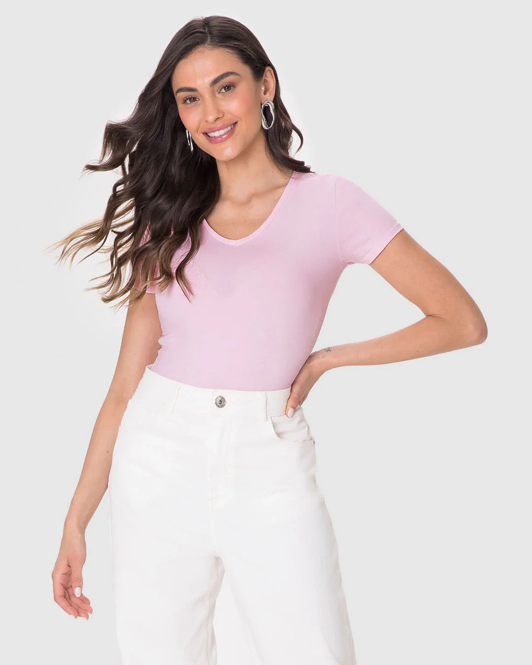 Camiseta Básica Feminina Decote V Em Algodão