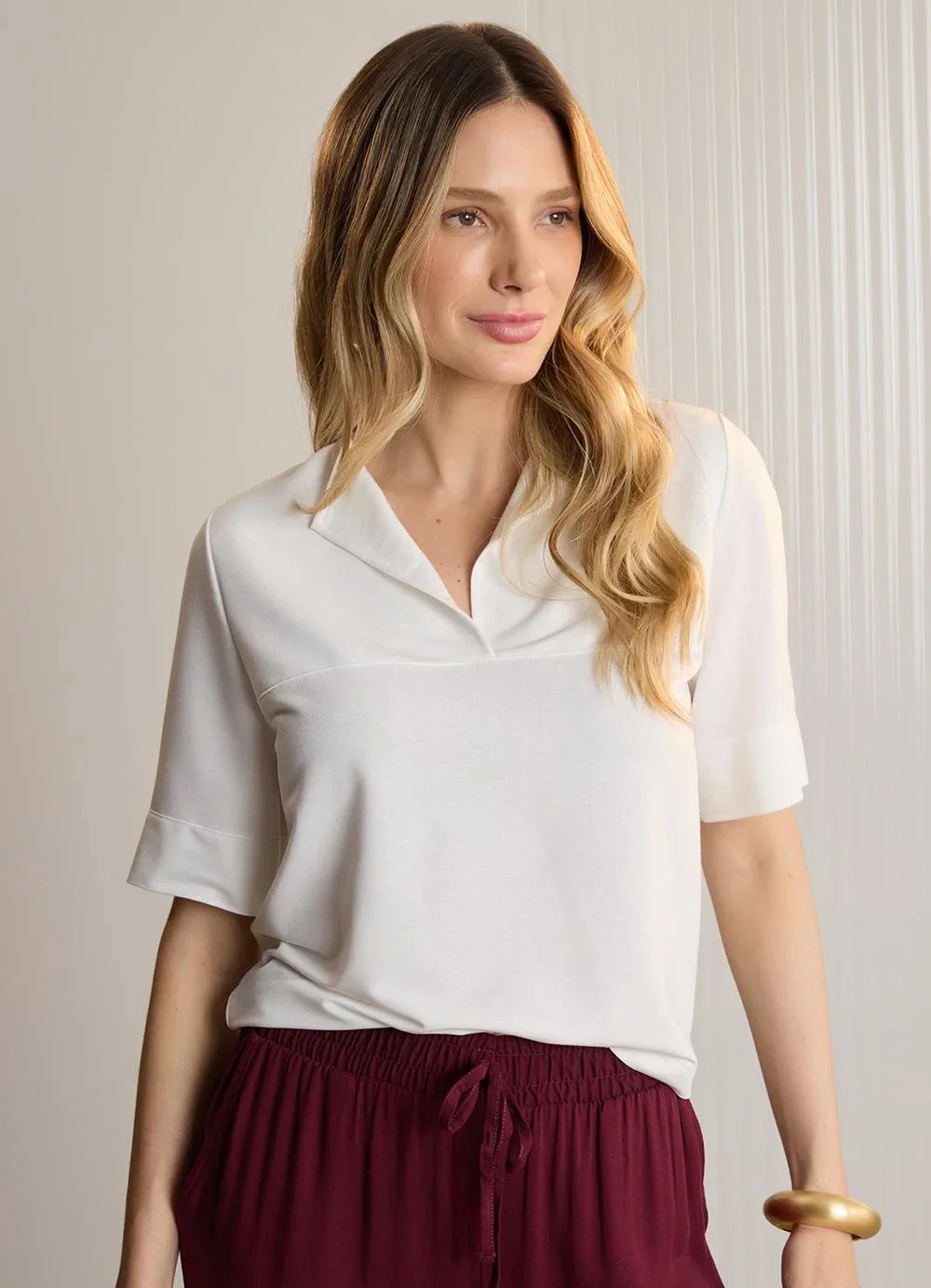 Lunender - Blusa Manga Curta com Gola em Malha Off White