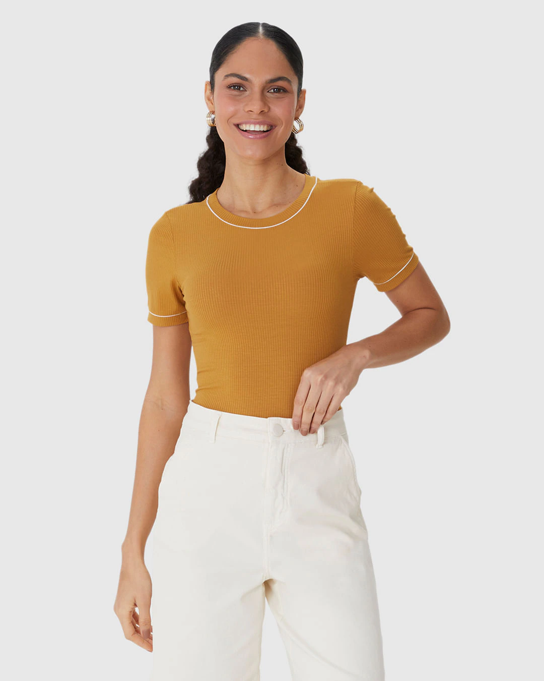 Blusa Básica Feminina Costura Contraste Em Malha Viscose Canelada