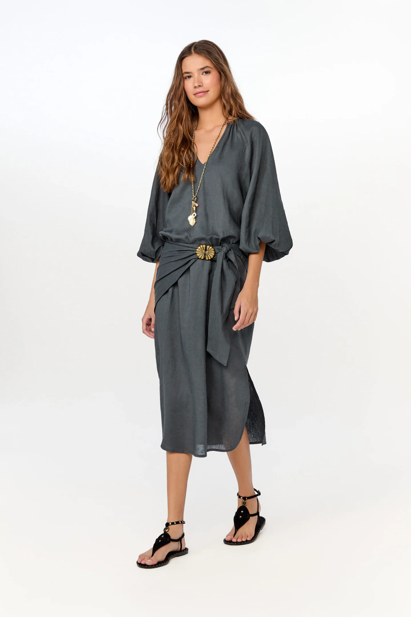 Vestido Midi Manga Bufante Lenço