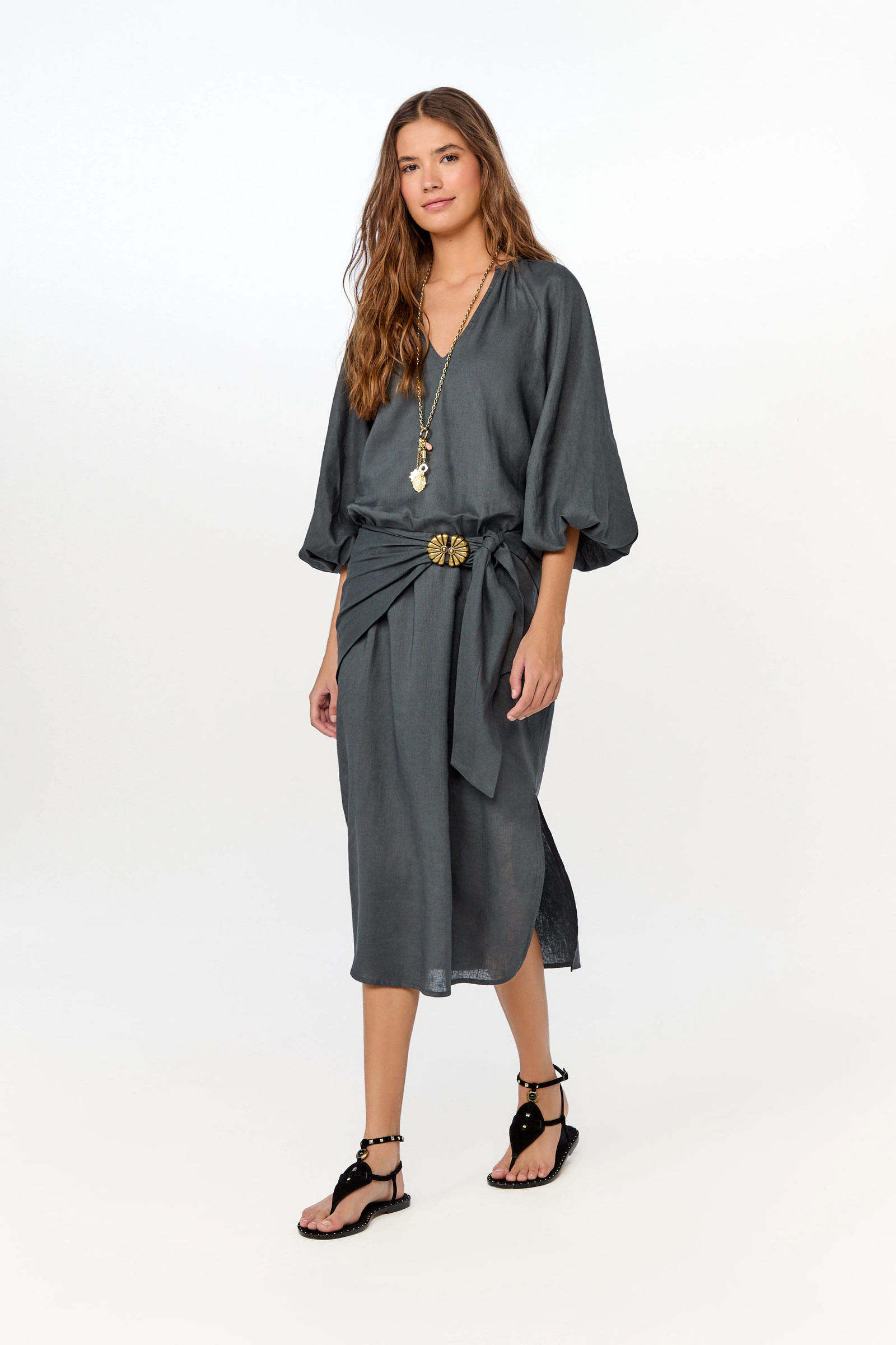 Vestido Midi Manga Bufante Lenço
