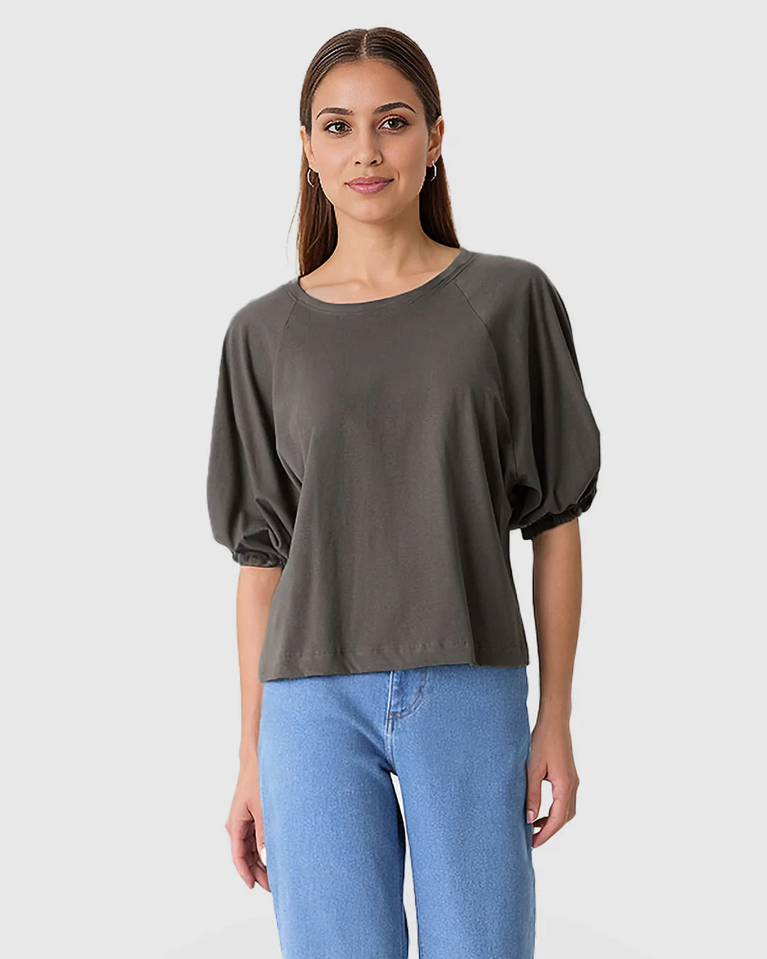 Blusa Ampla Feminina Manga Bufante Com Elástico Em Algodão