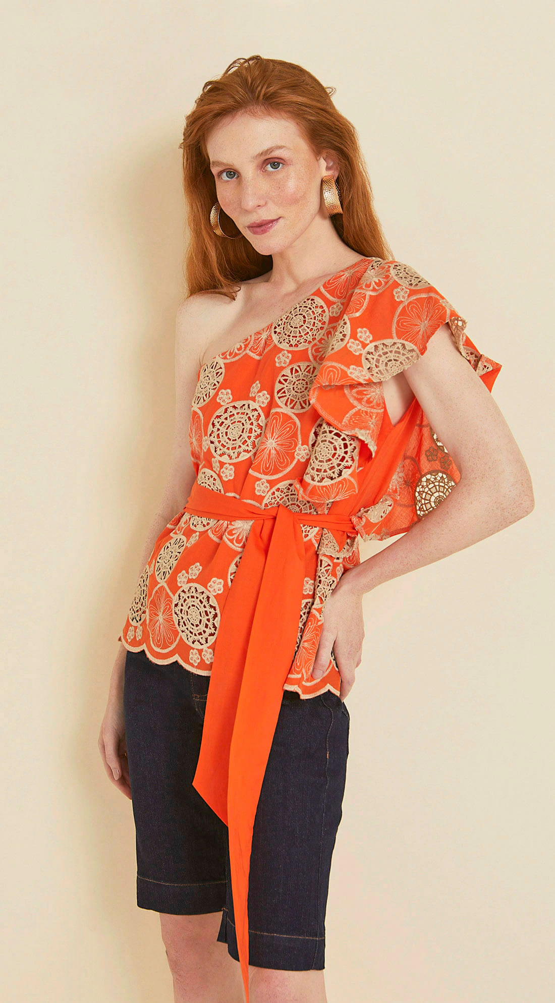 Blusa Maria.Valentina Ombro Só Cavada Com Babado Laranja