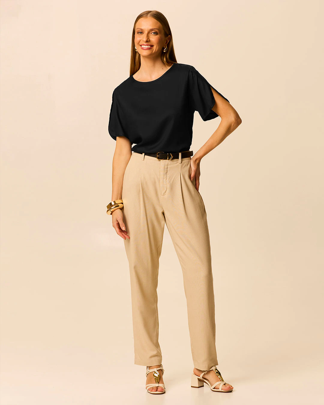 Blusa Feminina Regular Manga Com Detalhe Transpassado Em Viscose
