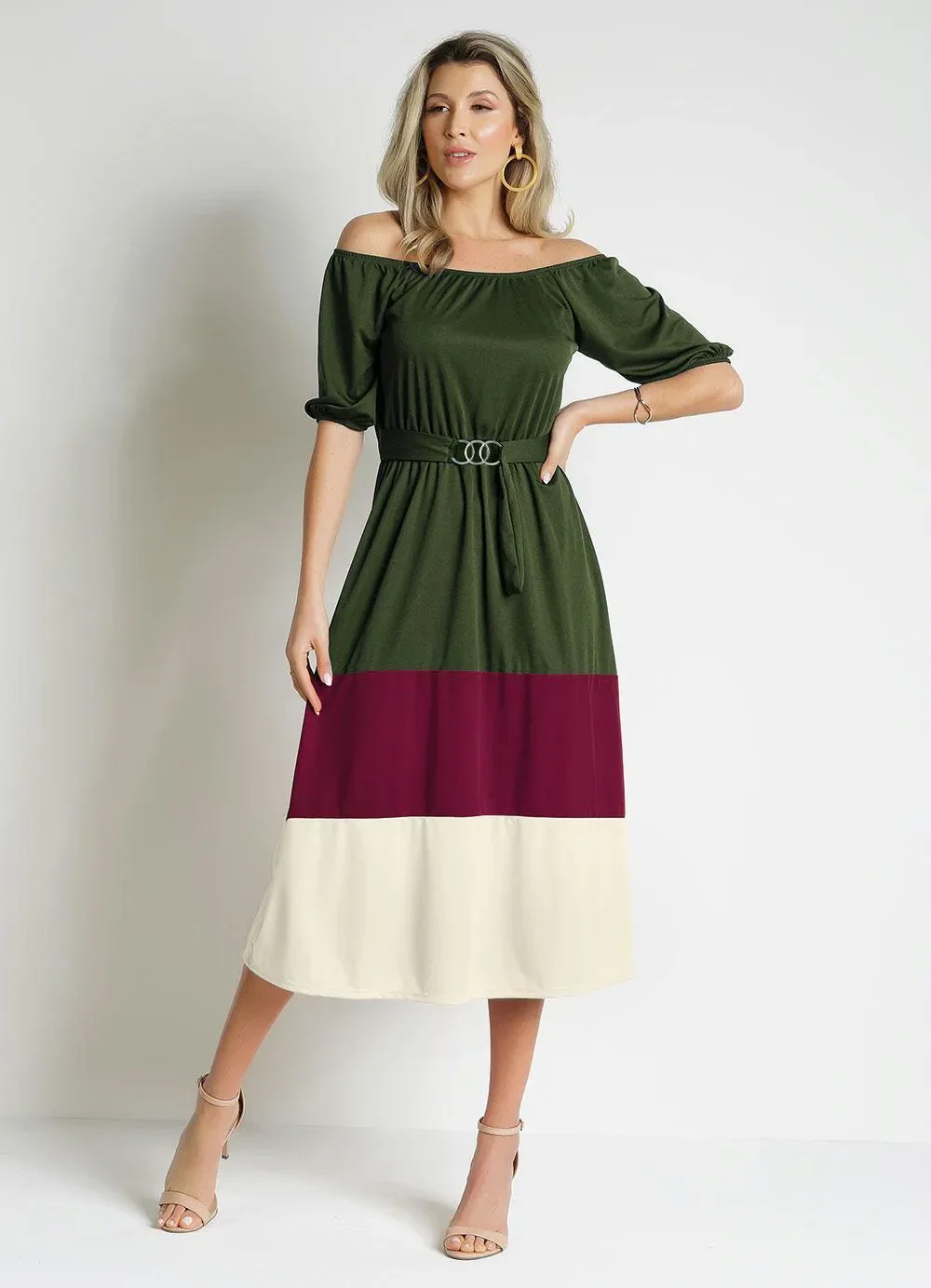 Rosalie - Vestido Tricolor Verde com Fivela