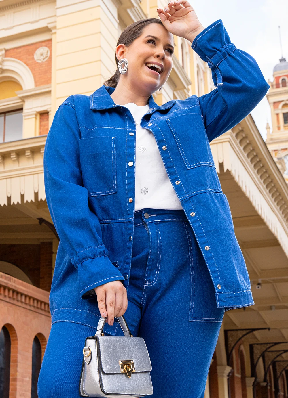 Quintess - Jaqueta Alongada Azul Bic em Jeans