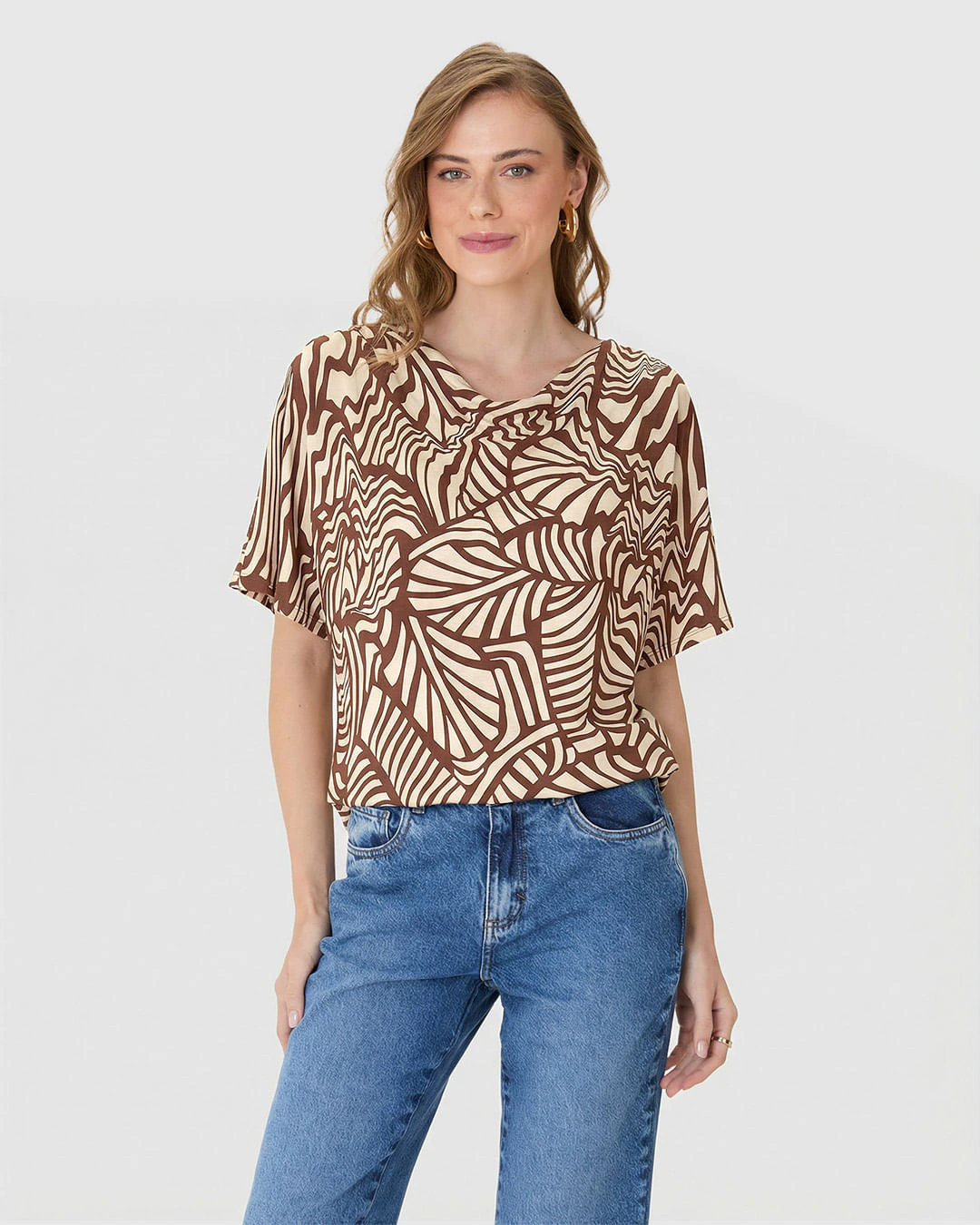 Blusa Ampla Feminina Estampada Decote Drapeado Em Malha Viscolinho Stretch