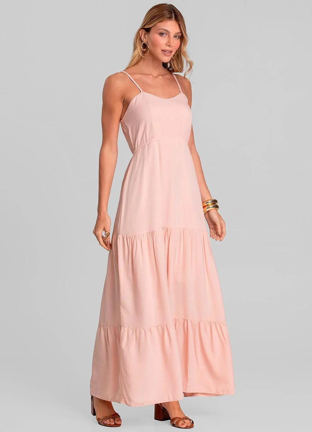 Dianna - Vestido Longo Feminino de Alça em Viscose Salmão