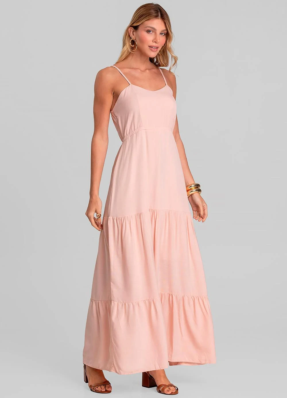 Dianna - Vestido Longo Feminino de Alça em Viscose Salmão