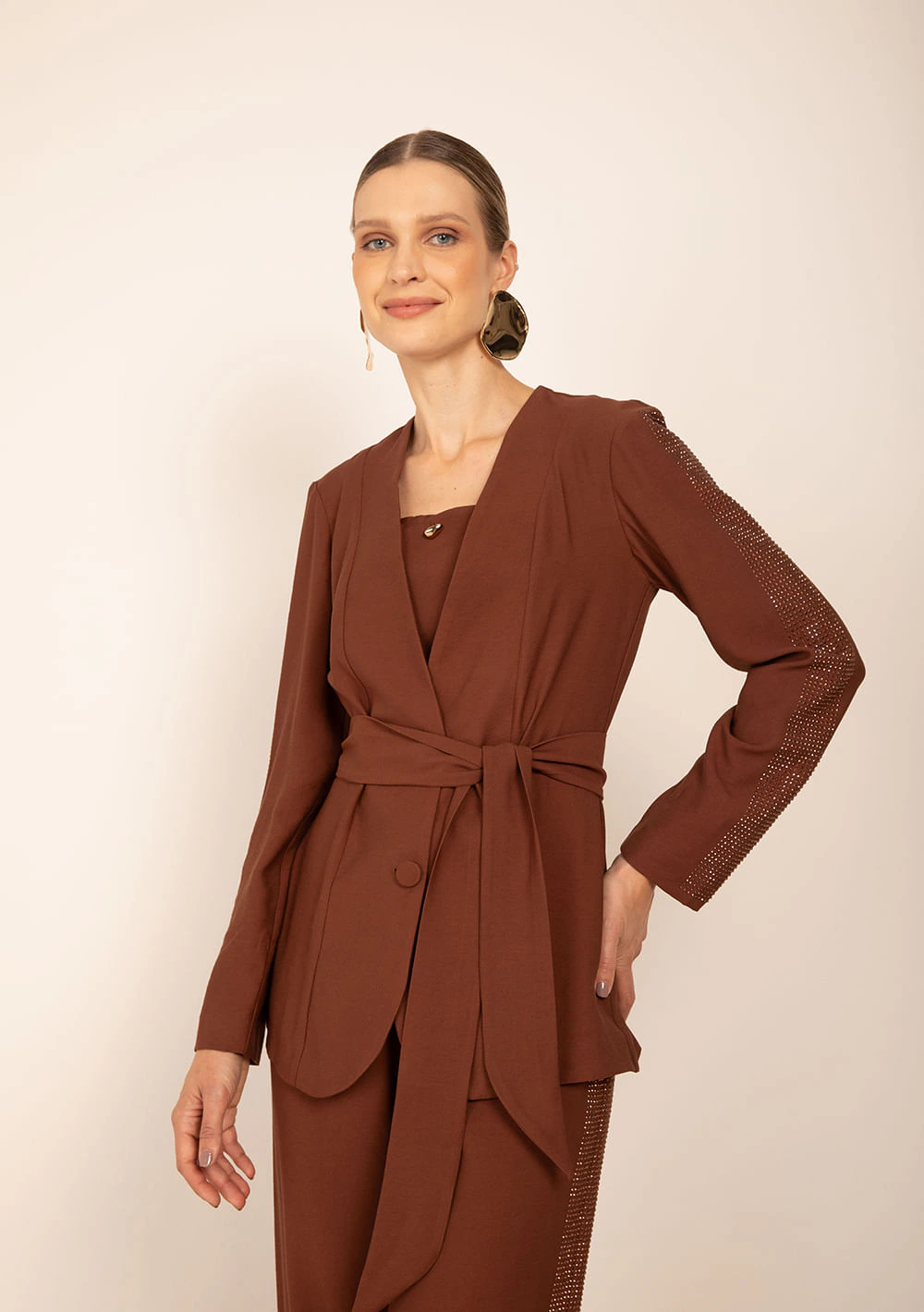 Blazer Maria.Valentina Solto Manga Longa Padrão Marrom