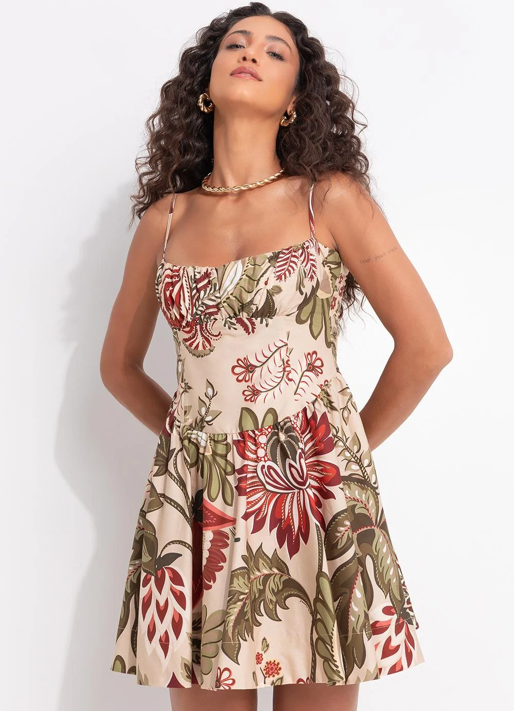 Farm - Vestido Curto Floral Ligia Bege