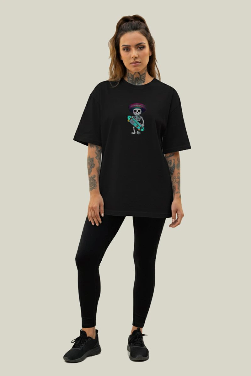 Camiseta Oversized Feminina Preta Algodão Prime Skull Skate WSS