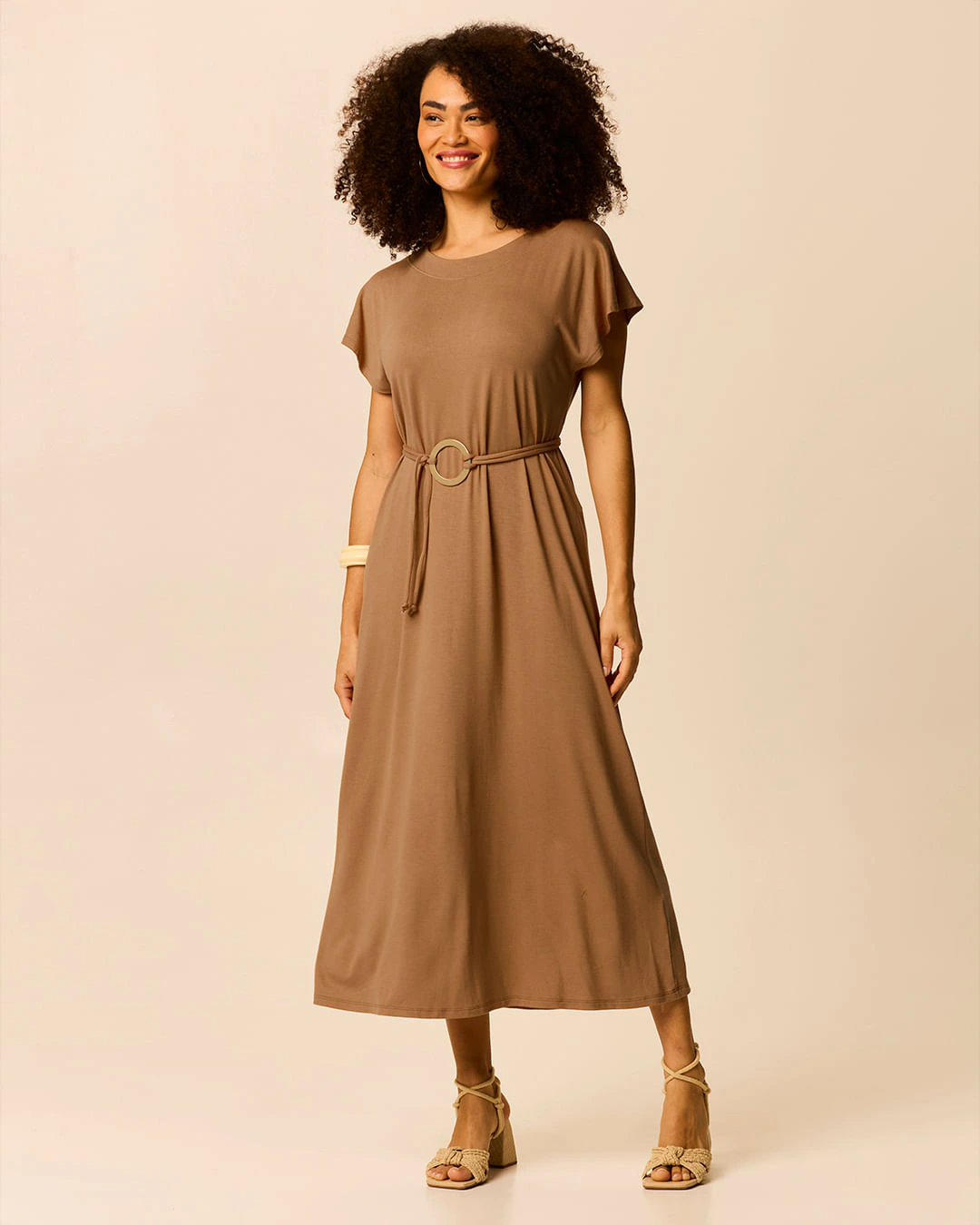 Vestido Midi Feminino Evasê Acompanha Cinto Em Malha Viscose Stretch