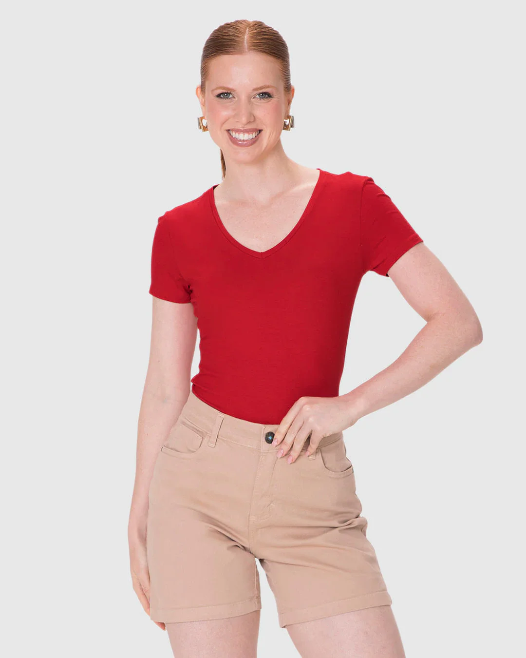 Blusa Básica Feminina Decote V Em Viscose Stretch