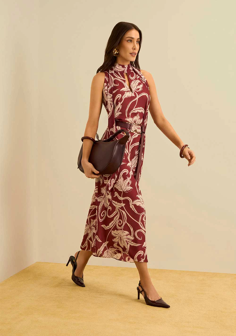 Vestido Maria.Valentina Solto Gola Alta Sem Manga Midi Bordo