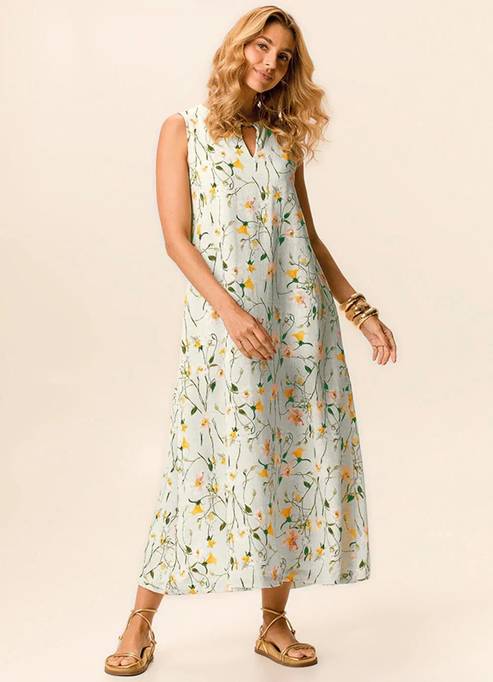 Malwee - Vestido Mídi Amplo Floral Off White
