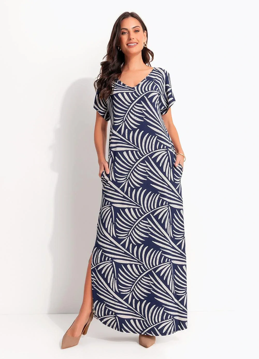 Quintess - Vestido Abstrato Azul em Malha de Viscose