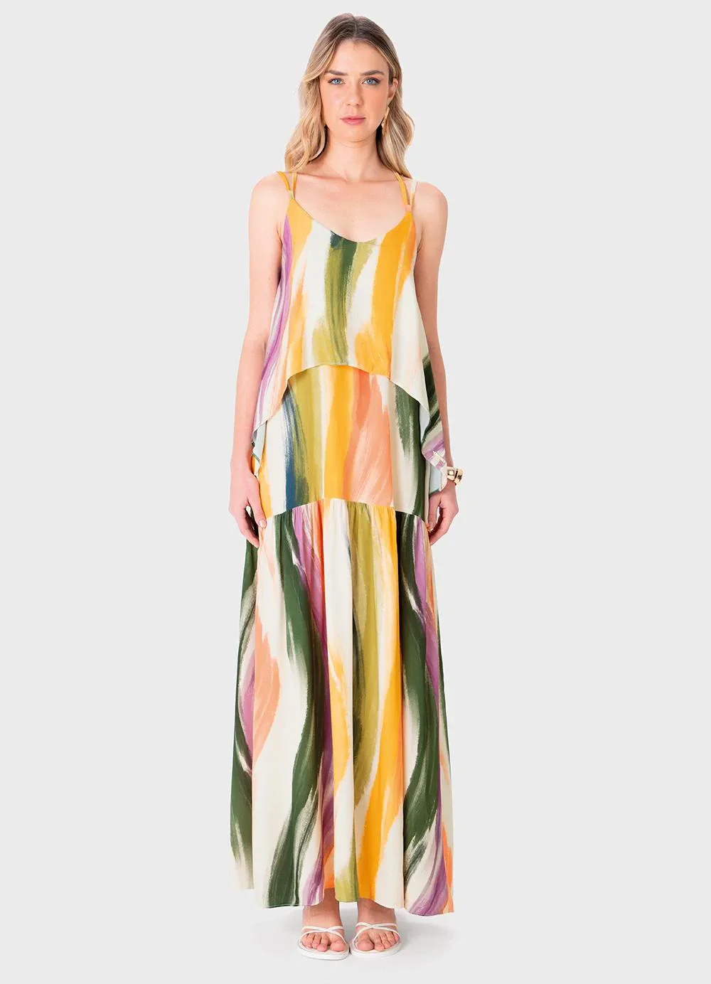 Enfim - Vestido Longo Amplo Abstrato em Viscose Verde