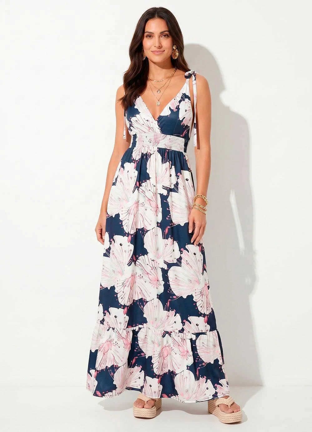 Quintess - Vestido Longo Floral Azul com Alças e Babado