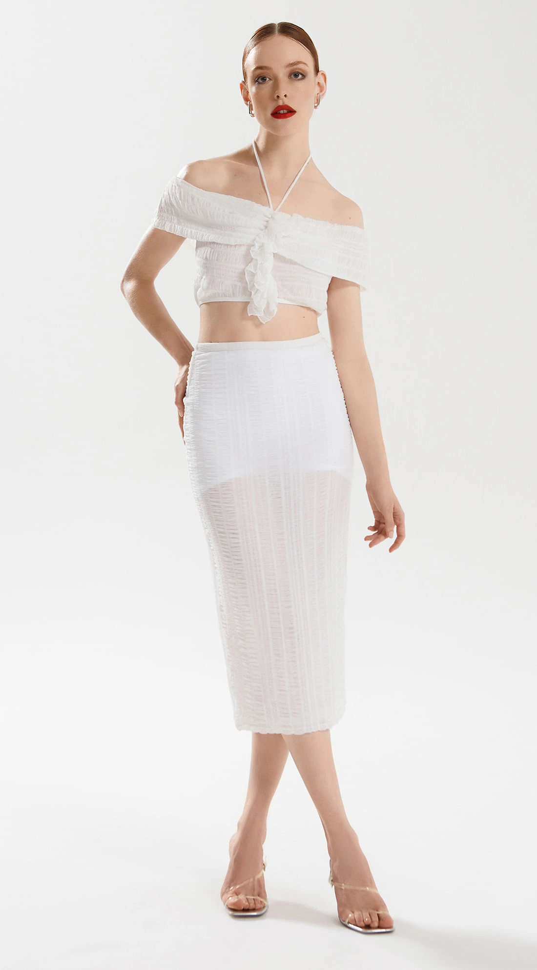 Saia Iódice Midi Lápis Com Franzidos Off White