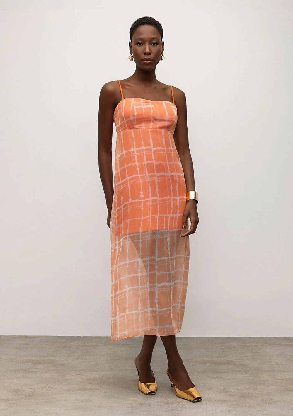 Vestido Iódice Midi Decote Reto Com Sobreposição Laranja