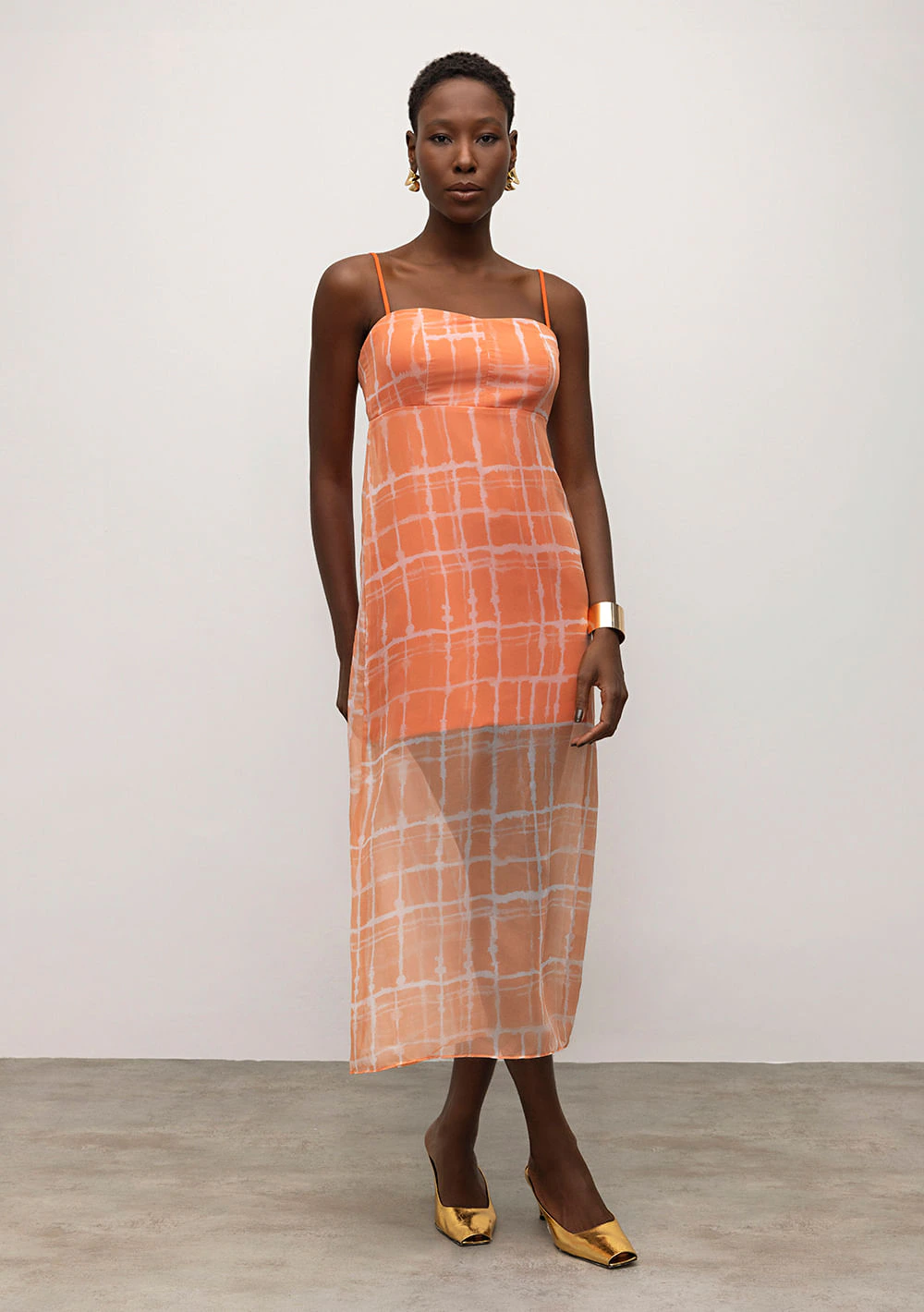 Vestido Iódice Midi Decote Reto Com Sobreposição Laranja