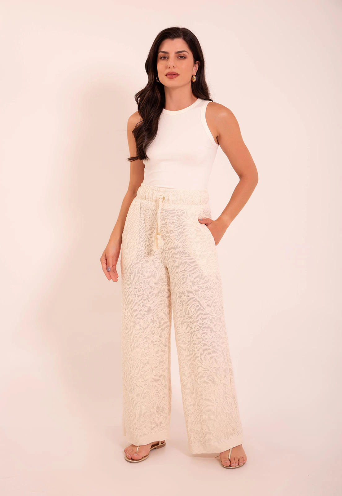 Calça Tricot Botanic Pantalona com Bolsos