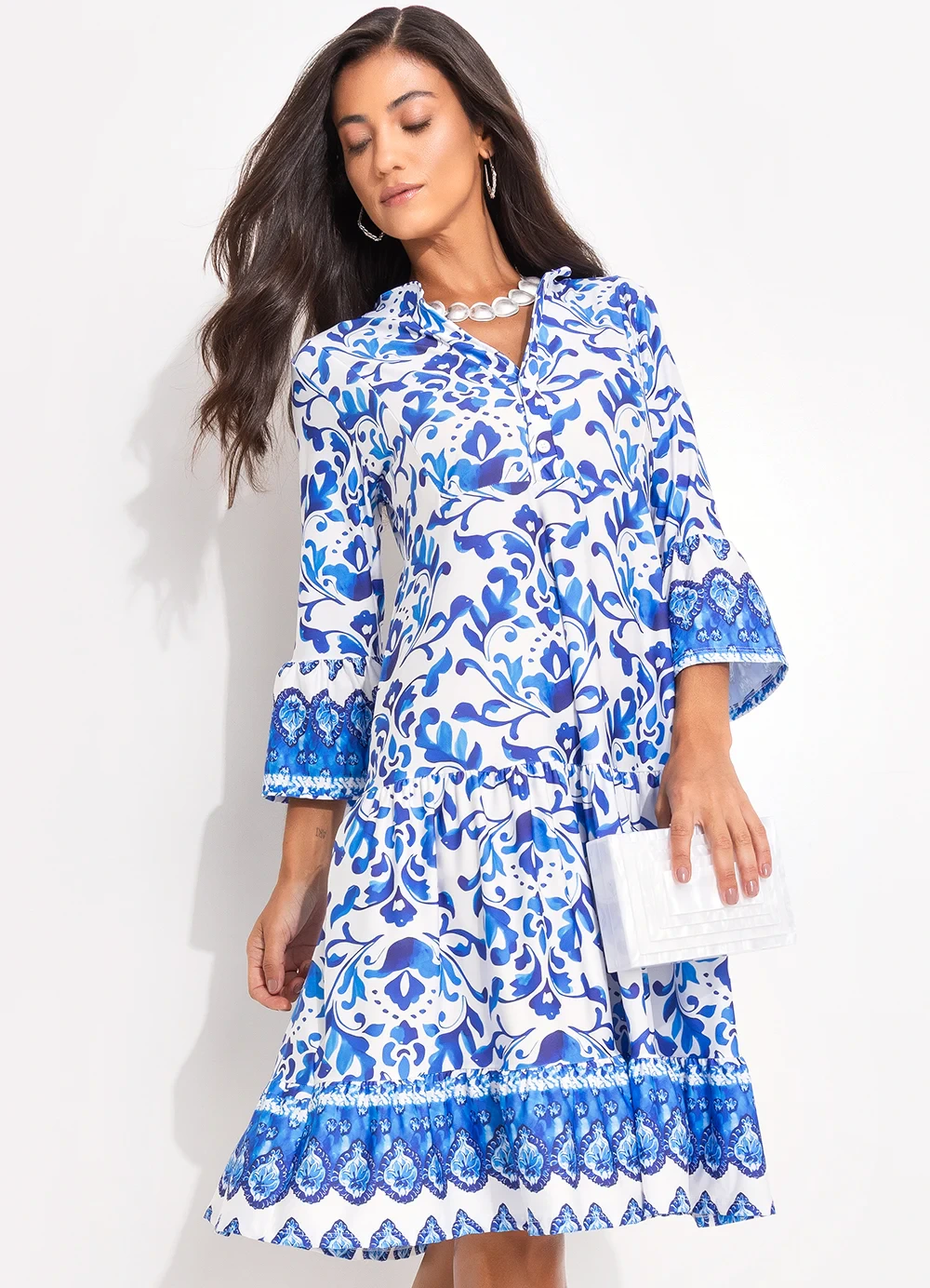 Quintess - Vestido Floral Azul em Malha Fria
