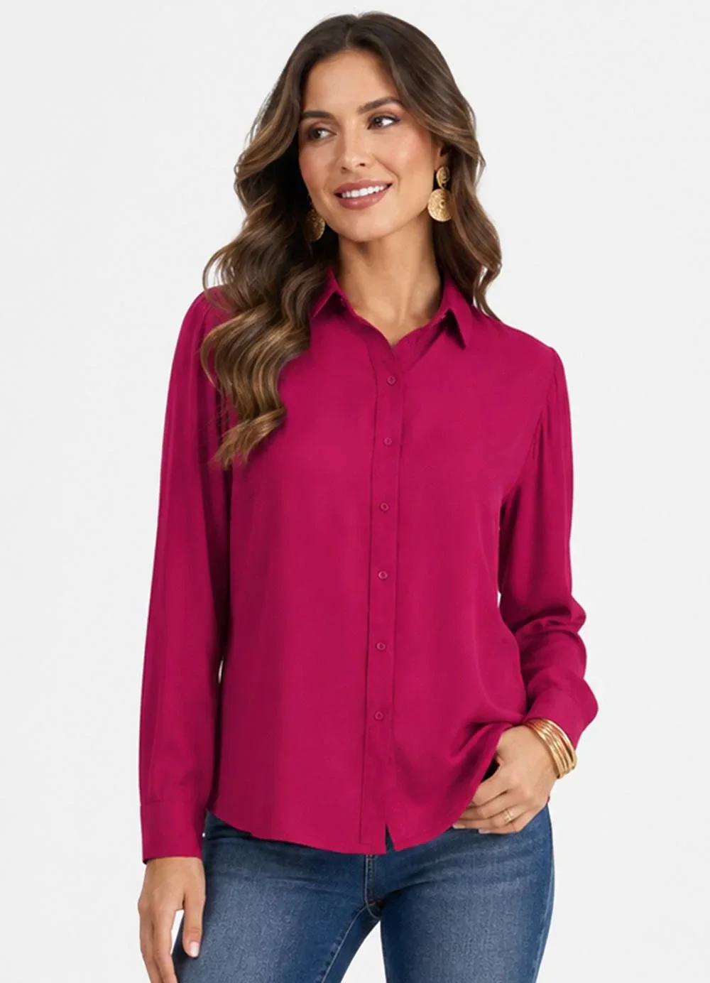 Rovitex - Camisa Feminina Manga Longa em Viscose Slub Rosa