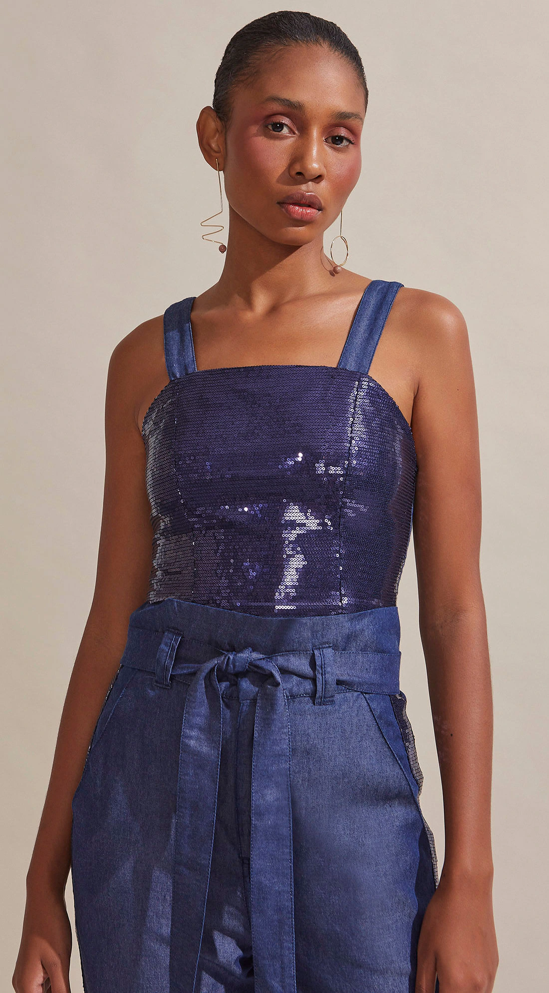 Top Maria.Valentina Justo Alça Detalhe Paetê Azul Marinho