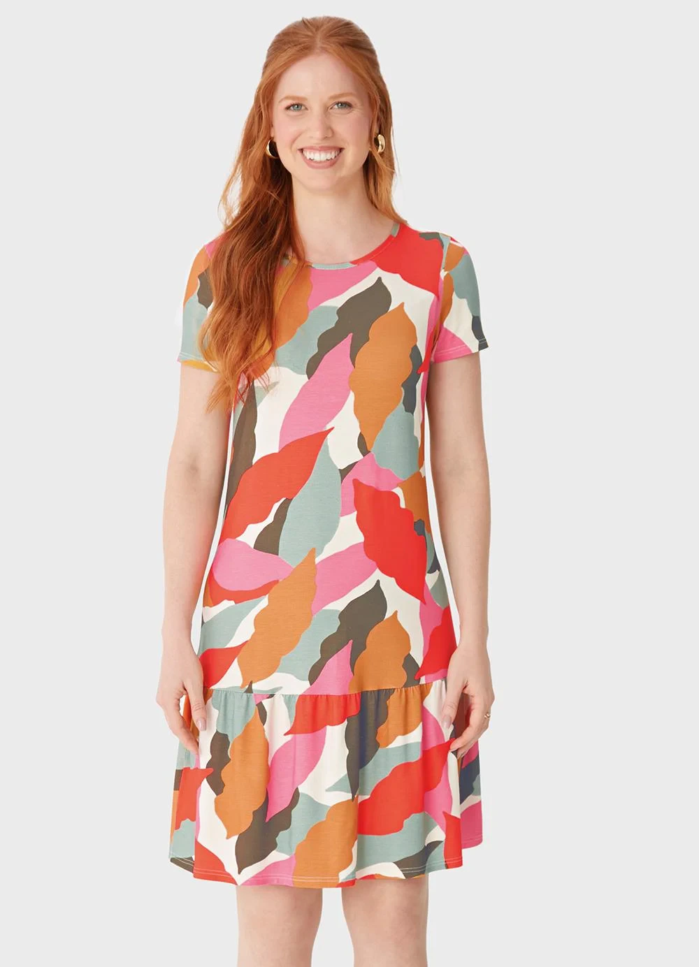 Malwee - Vestido Evasê Folhagens Laranja