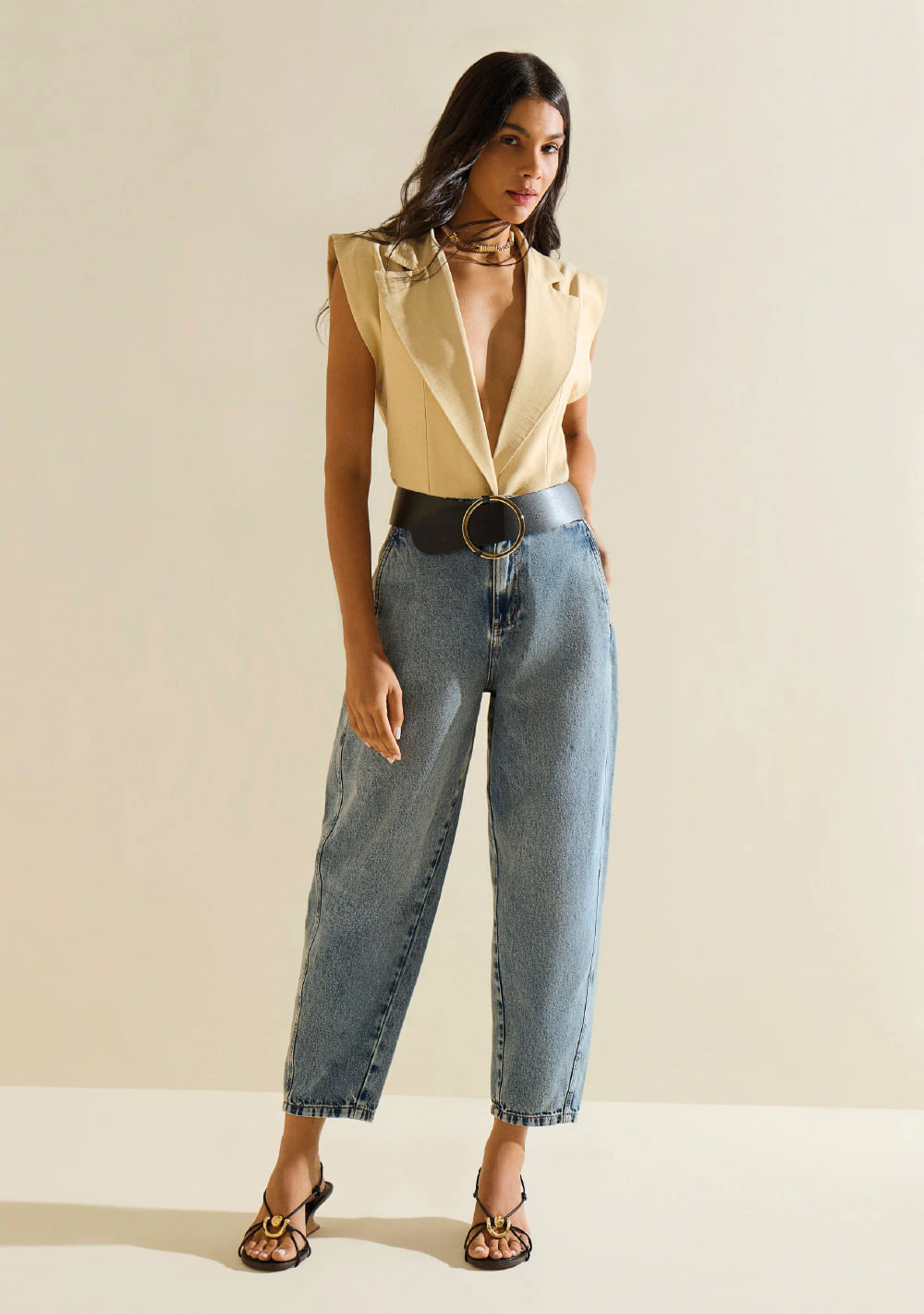 Calça Morena Rosa Cenoura Alta Azul
