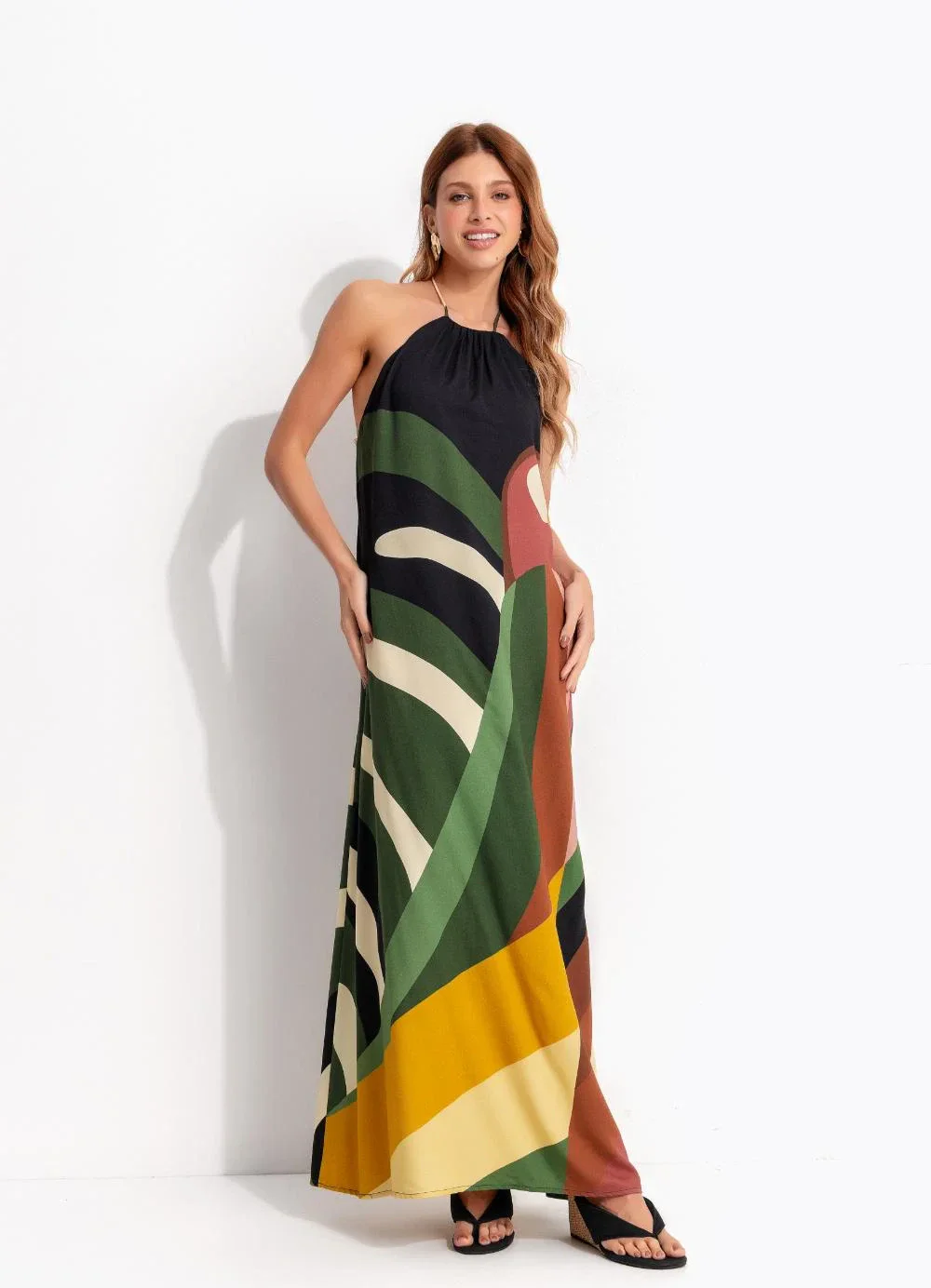 Farm - Vestido Longo Listra Arara Preto