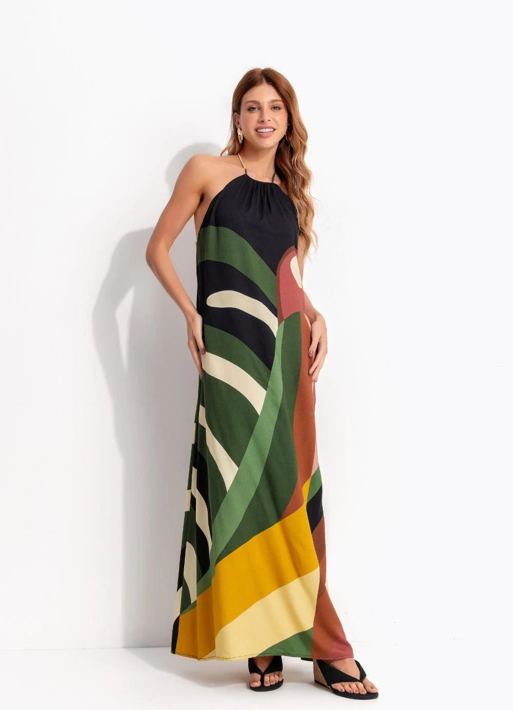 Farm - Vestido Longo Listra Arara Preto