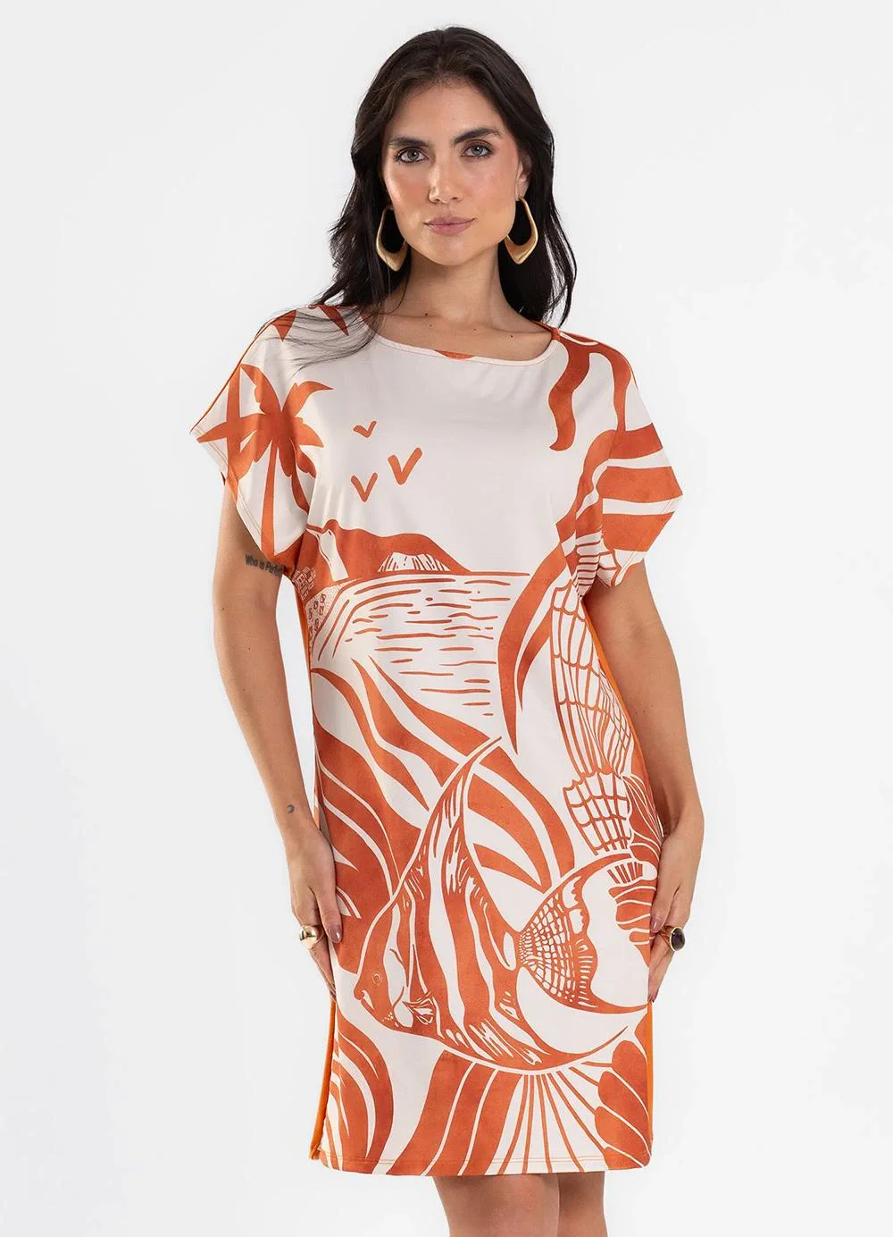 Rovitex - Vestido Curto Feminino Visco Creponada Laranja