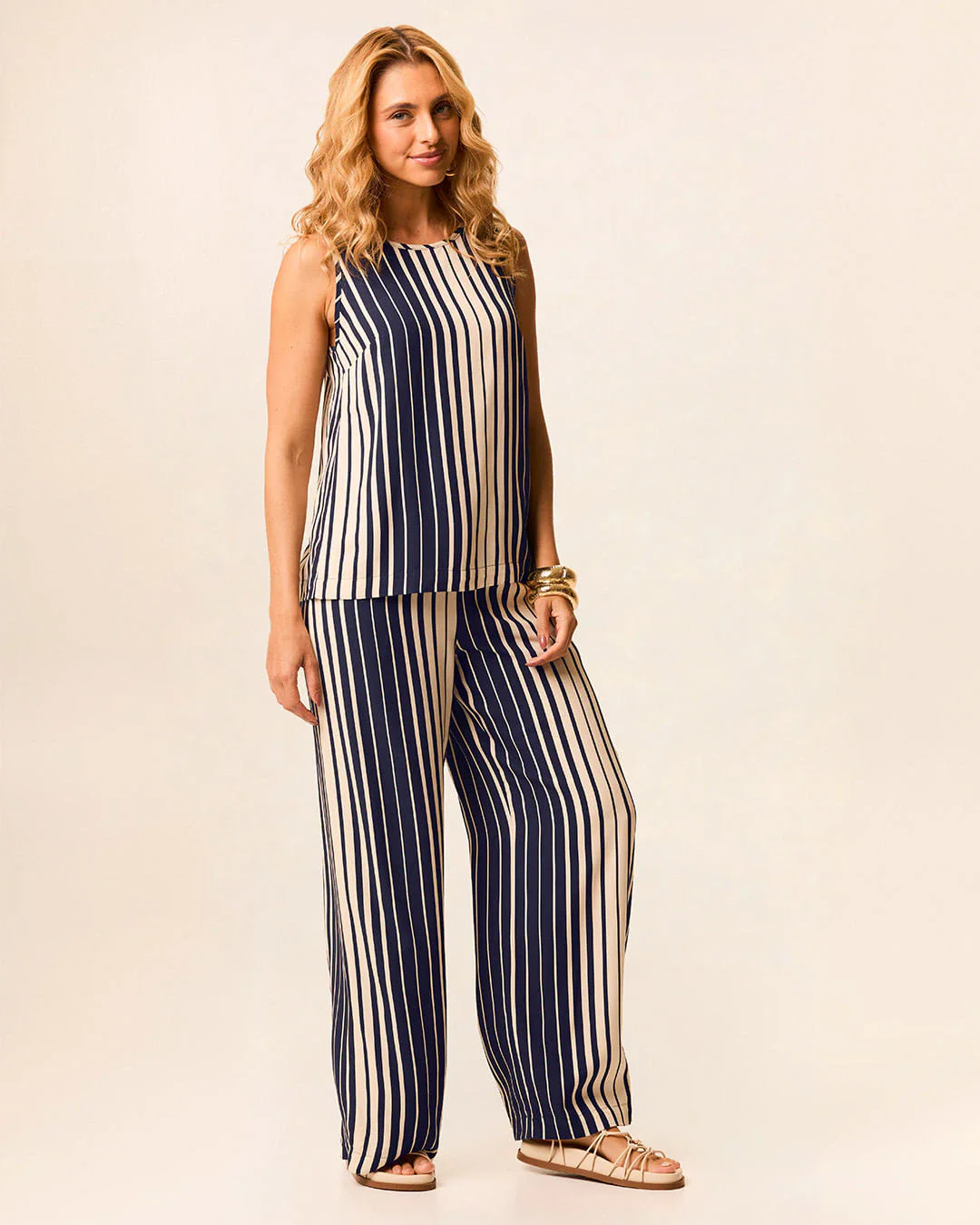 Calça Wide Leg Feminina Listrada Bolso Faca Em Viscose