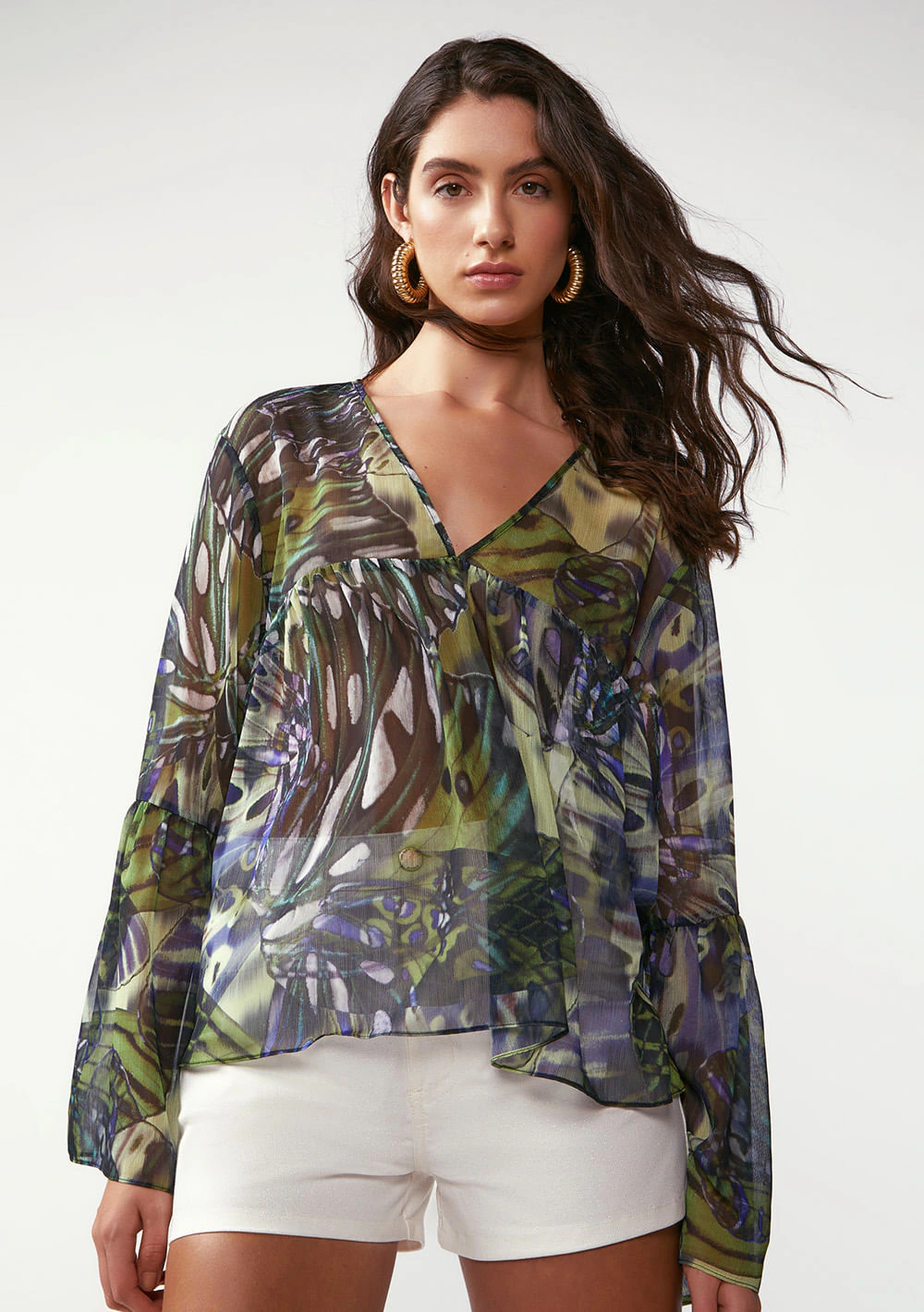 Blusa Zinco Solta Decote V Manga Longa Padrão Verde