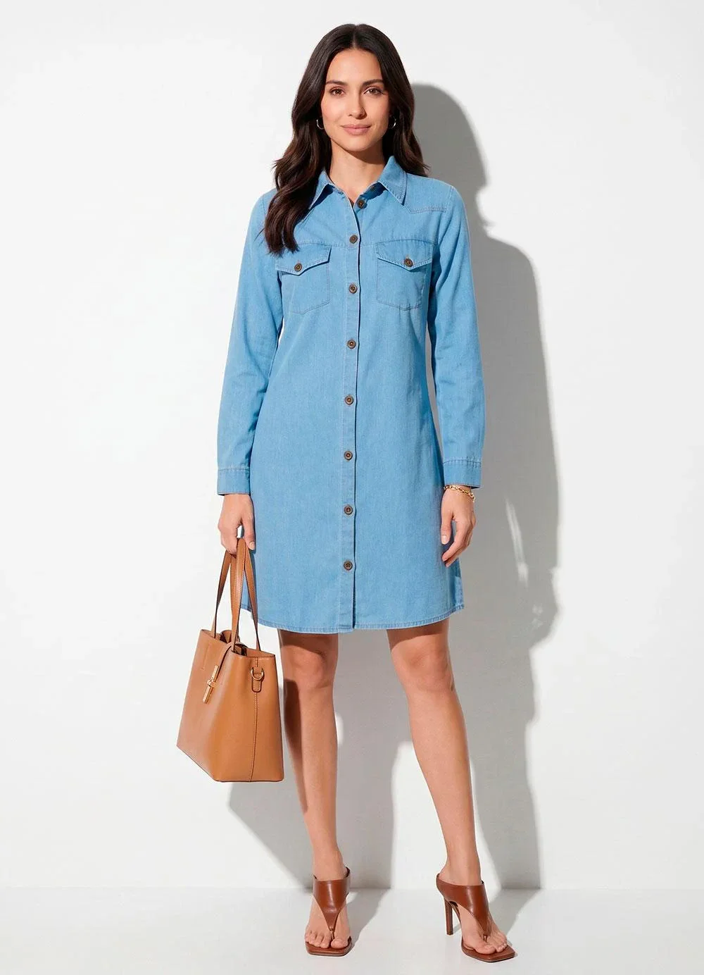 Quintess - Vestido Jeans Claro com Bolsos